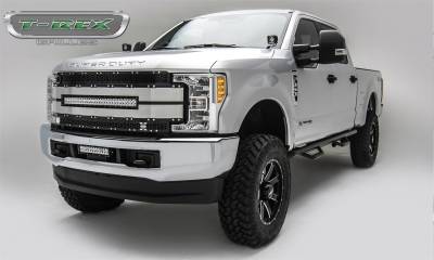 T-Rex Grilles - 17-19 FORD F250/F350 Super Duty  T-Rex Black Torch Al Series, Black Mesh Brushed Trim, 1 Pc, Replacement, Chrome Studs with (1) 30" LED, Does Not Fit Vehicles with Camera