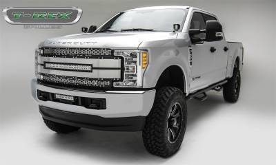 17-19 FORD F250/F350  T-Rex Torch Series LED Light  Black Torch Series Grille, Black with Brushed Aluminum Mesh and Trim, 1 PC, Chrome Studs with (1) 30" LED (does not fit vehicles with camera)