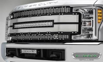 T-Rex Grilles - 17-19 FORD F250/F350  T-Rex Torch Series LED Light  Black Torch Series Grille, Black with Brushed Aluminum Mesh and Trim, 1 PC, Chrome Studs with (1) 30" LED (does not fit vehicles with camera) - Image 2